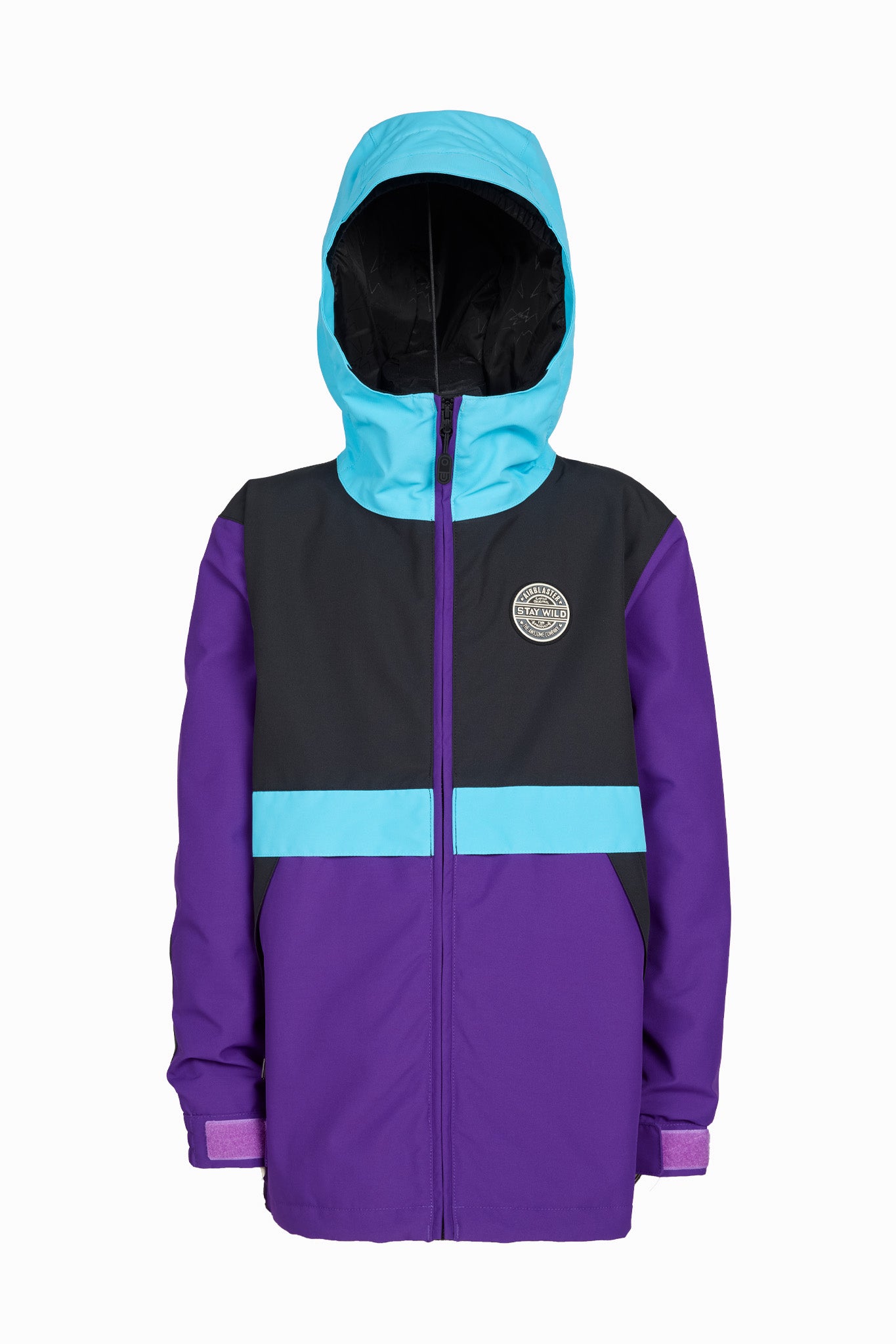 A colorblock hooded jacket with a purple lower body, a black upper chest, and bright cyan accents on the hood lining, collar, and horizontal chest stripe. A circular silver logo is visible on the left chest.
