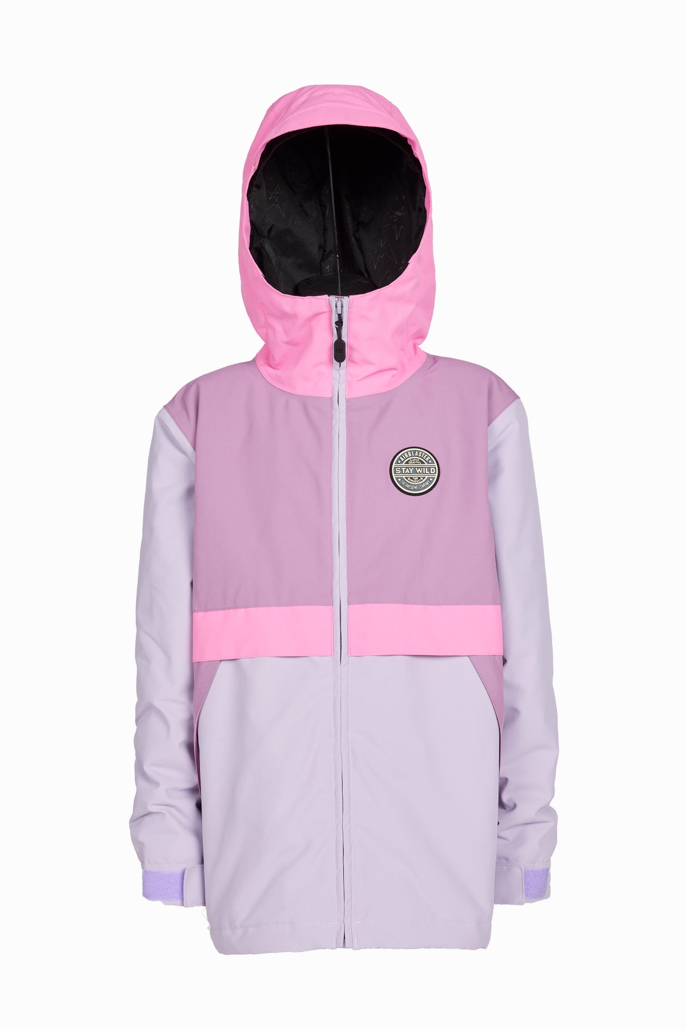 A hooded zip-up jacket in pastel pink and lavender purple, featuring a horizontal pink stripe across the chest and a circular logo patch on the left chest, shown against a plain white background.