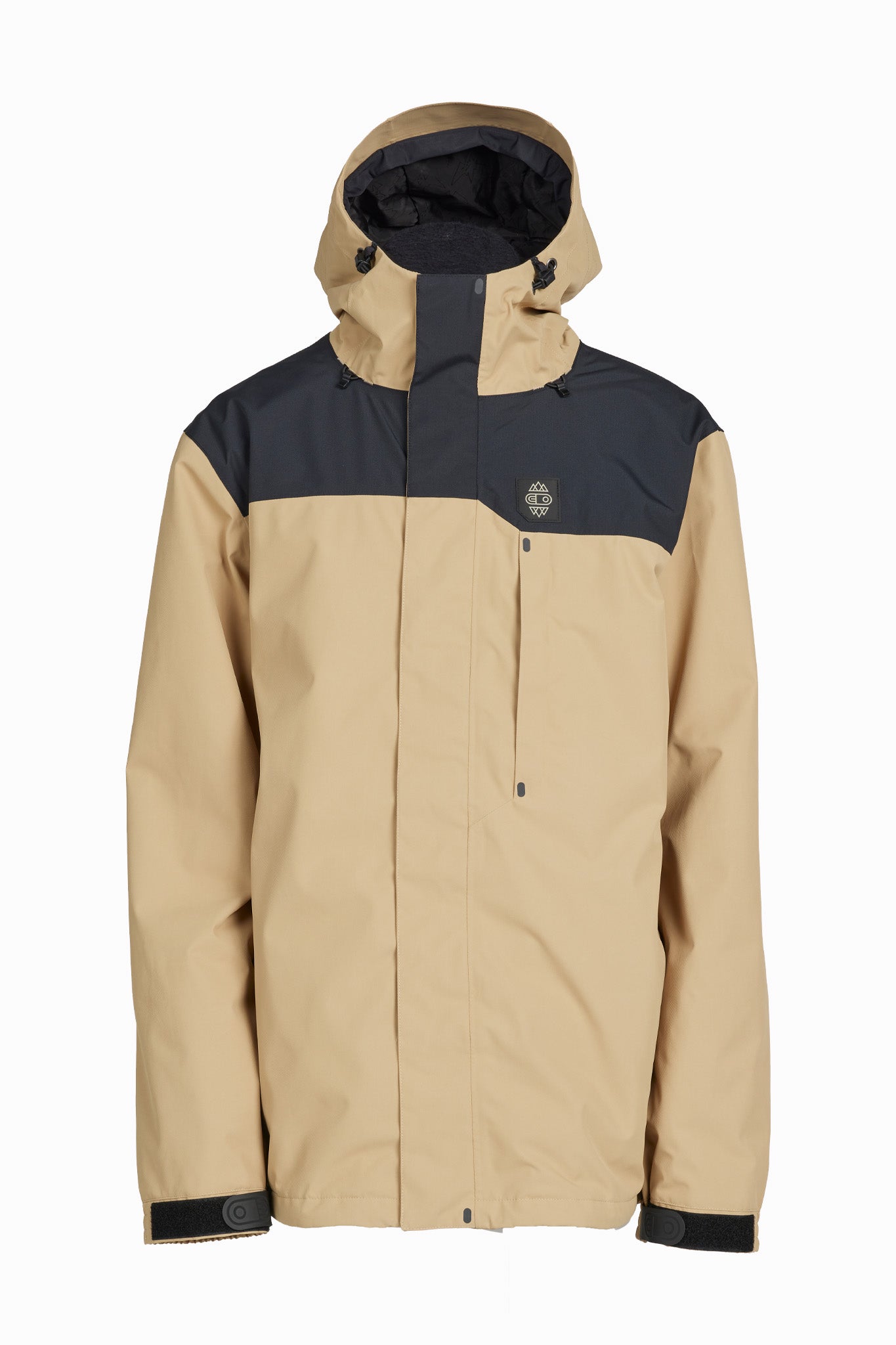 A beige and dark navy colorblock hooded jacket with a full front zipper, zippered chest pocket, and adjustable cuffs, shown on a plain white background.