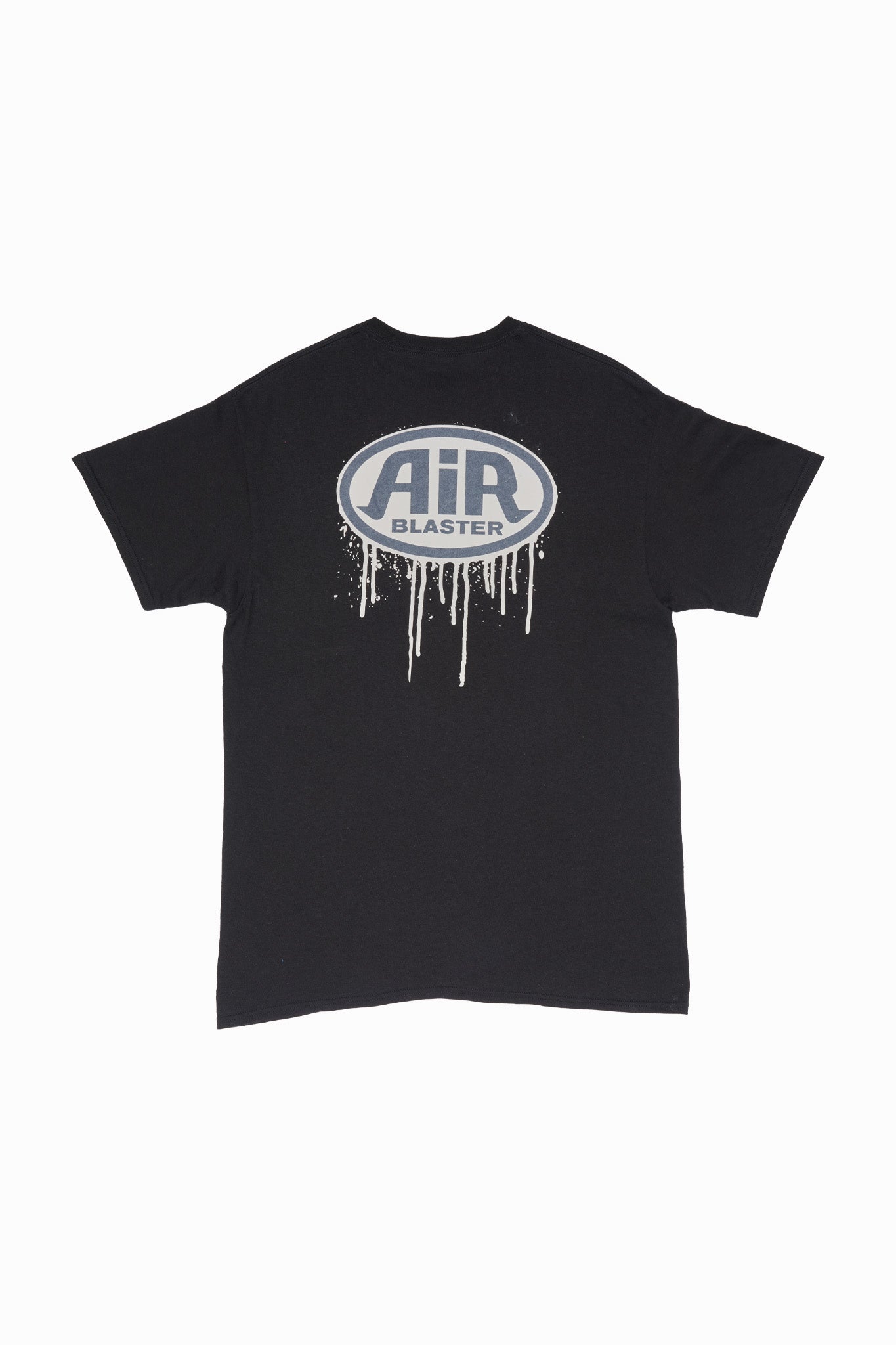 A black short-sleeve t-shirt with a white and gray 'AIR BLASTER' oval logo printed on the chest, featuring a dripping paint effect, shown against a plain white background.