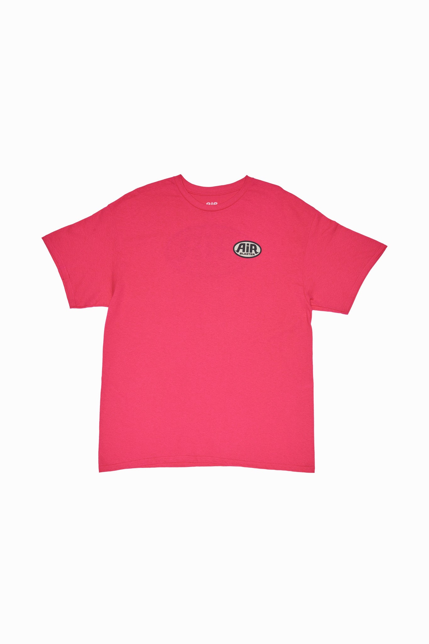 A bright pink short-sleeve t-shirt with a small circular black, white, and blue 'AIR' logo on the left chest, displayed flat against a plain white background.