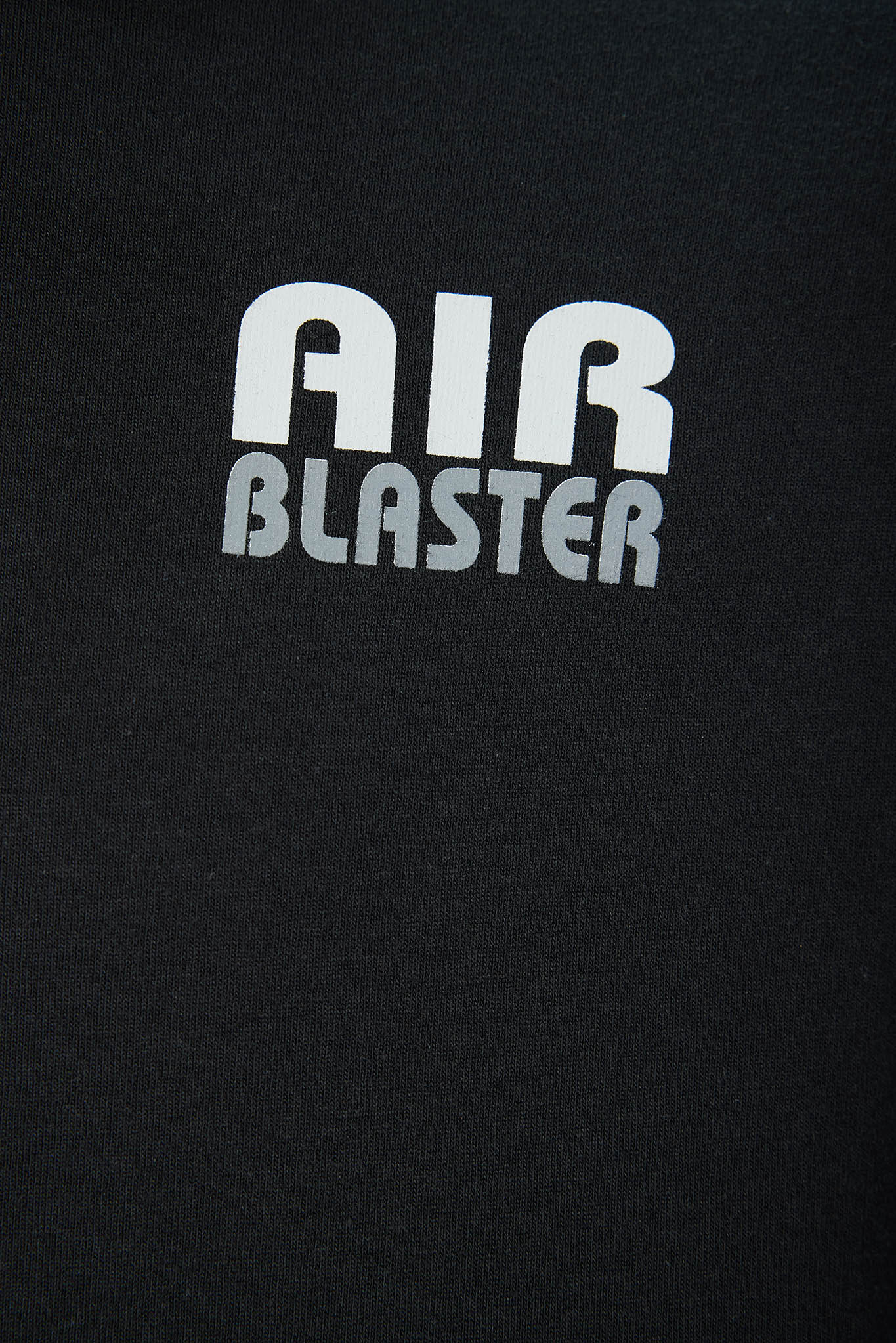 close up of a black t shirt with a air blaster logo