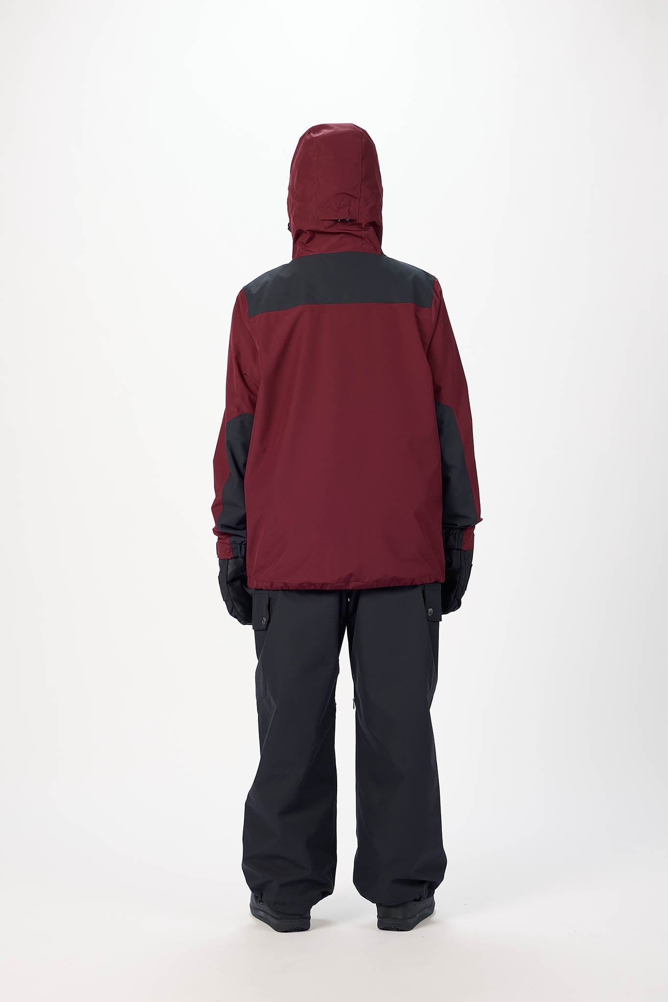 Maroon and black winter jacket with hood on a white background