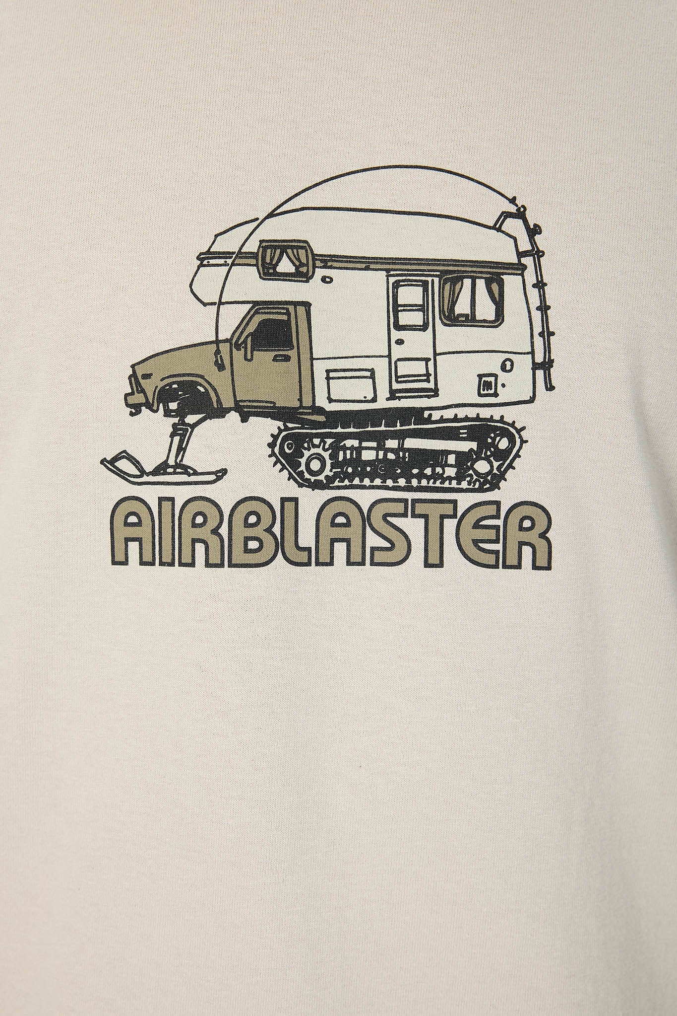A close-up of a light beige or off-white fabric surface featuring a printed graphic of a snowmobile camper with the word 'AIRBLASTER' underneath.