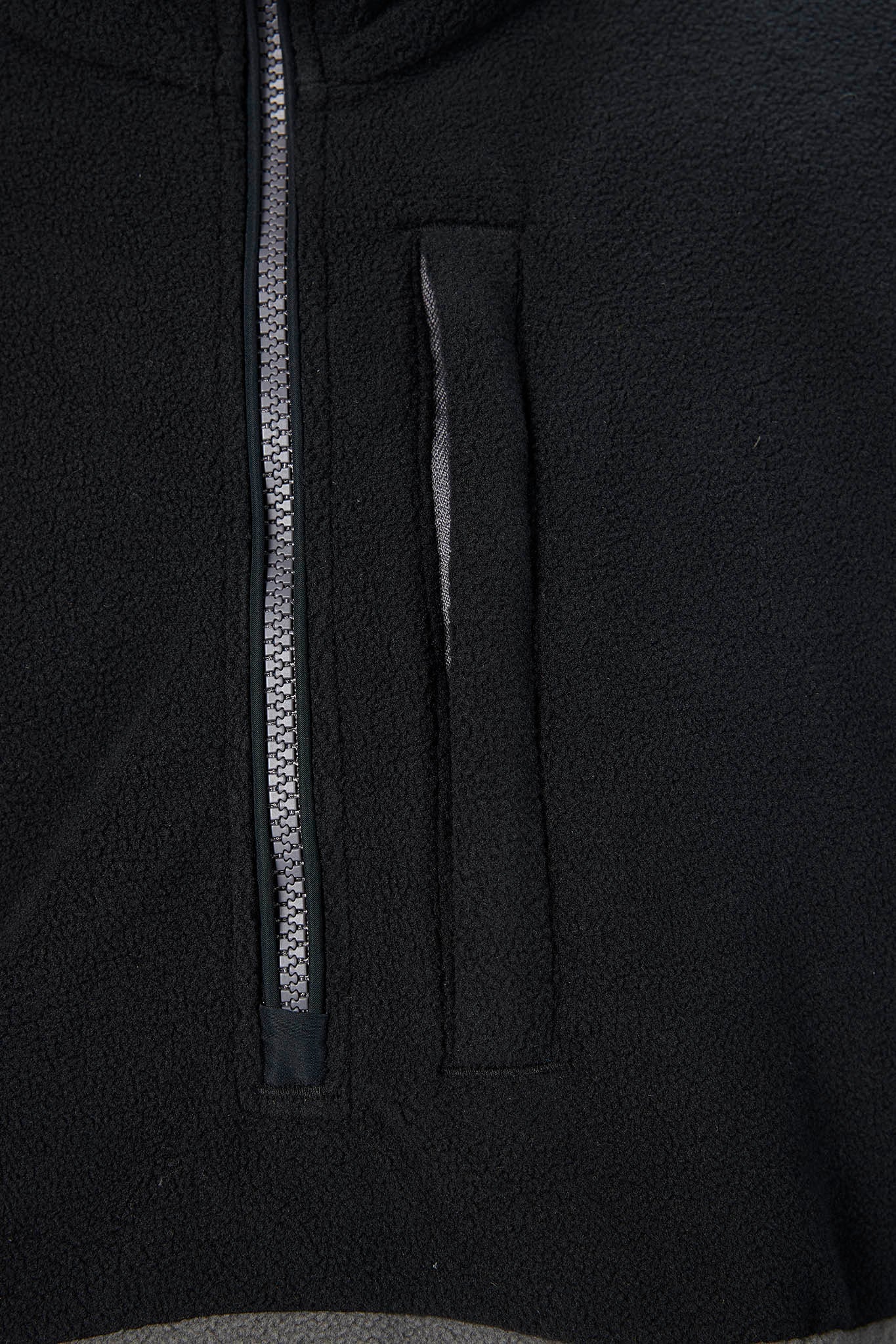 Close-up of a black fleece jacket showing a vertical front zipper and a side zip pocket.