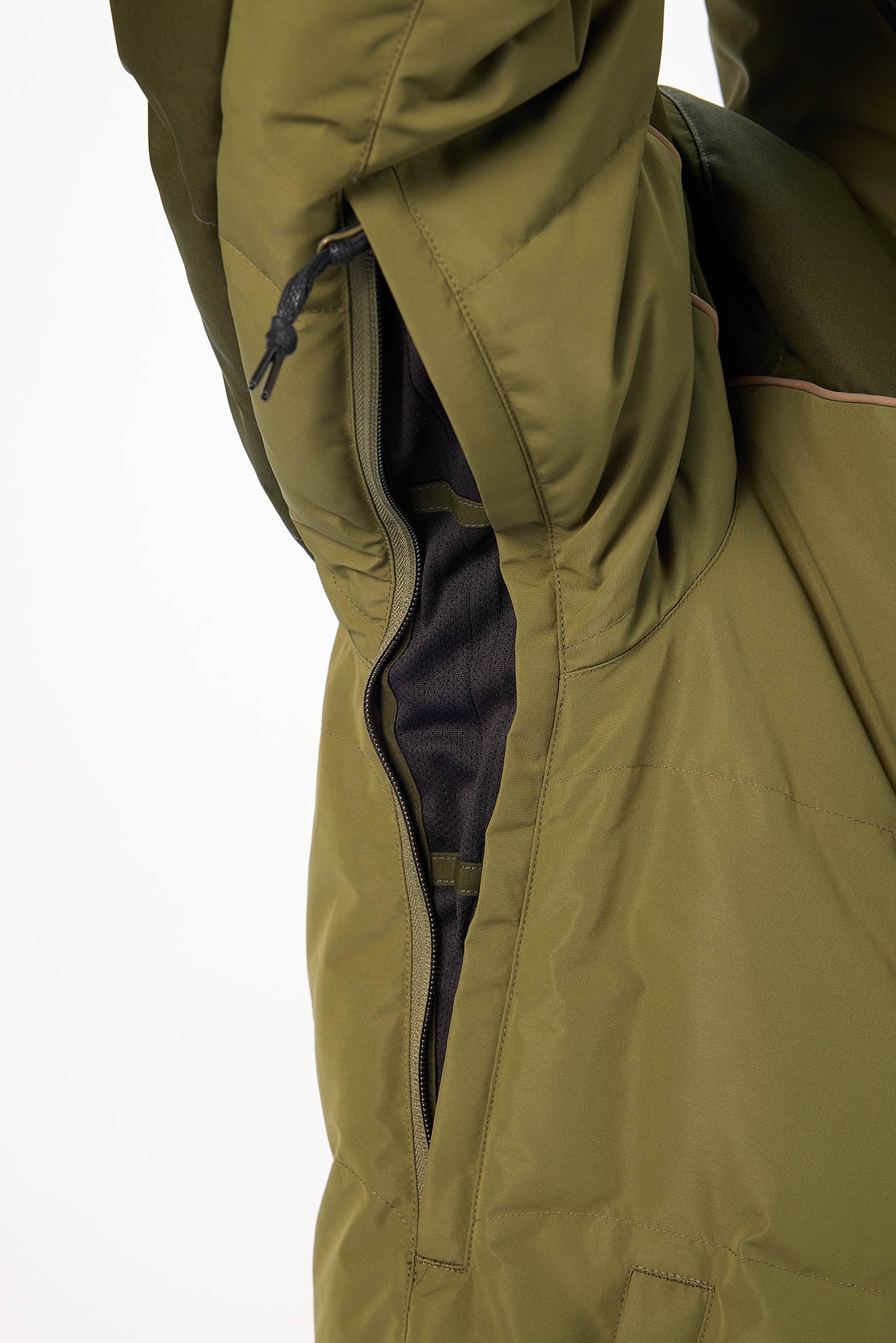 Close-up of a green jacket with a hood on a white background