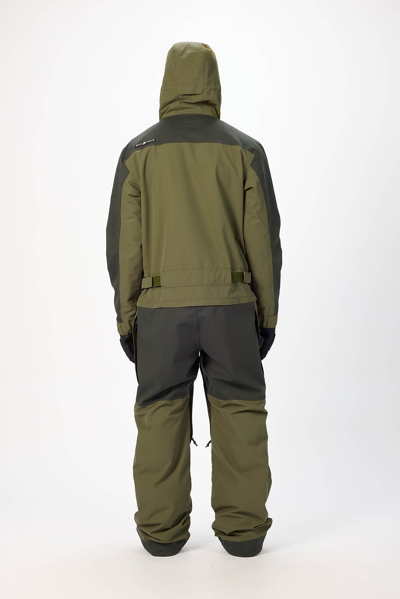 Green and gray jacket and pants set on a white background