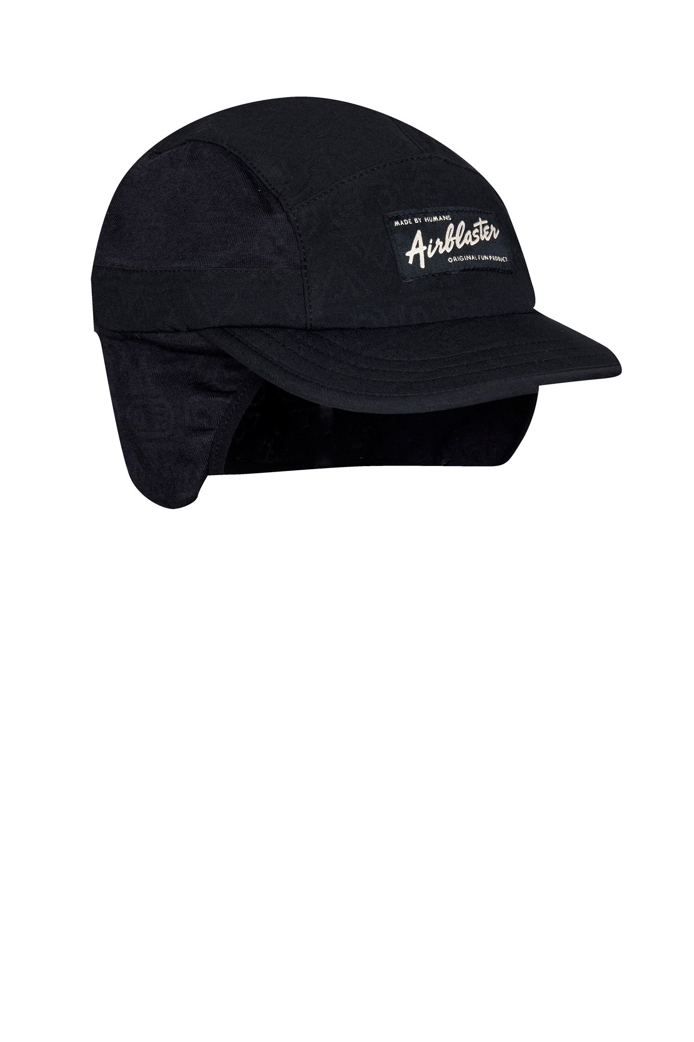 A black five-panel cap with ear flaps and a small white embroidered 'Audley' logo on the front, shown against a plain white background.