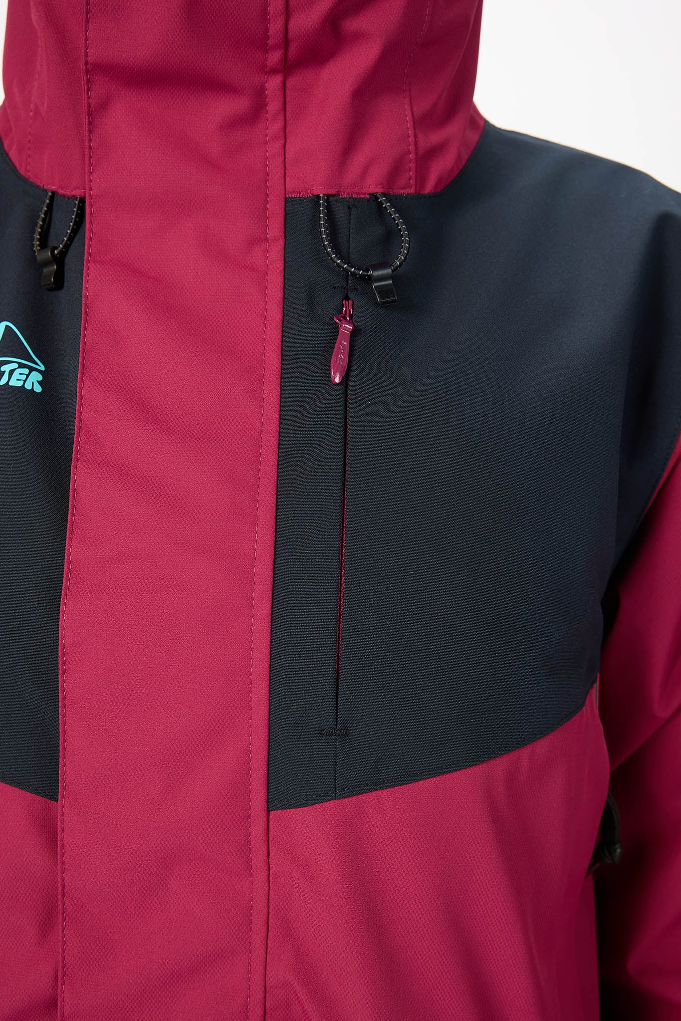 Close-up of a red and black jacket with a brand logo on a white background