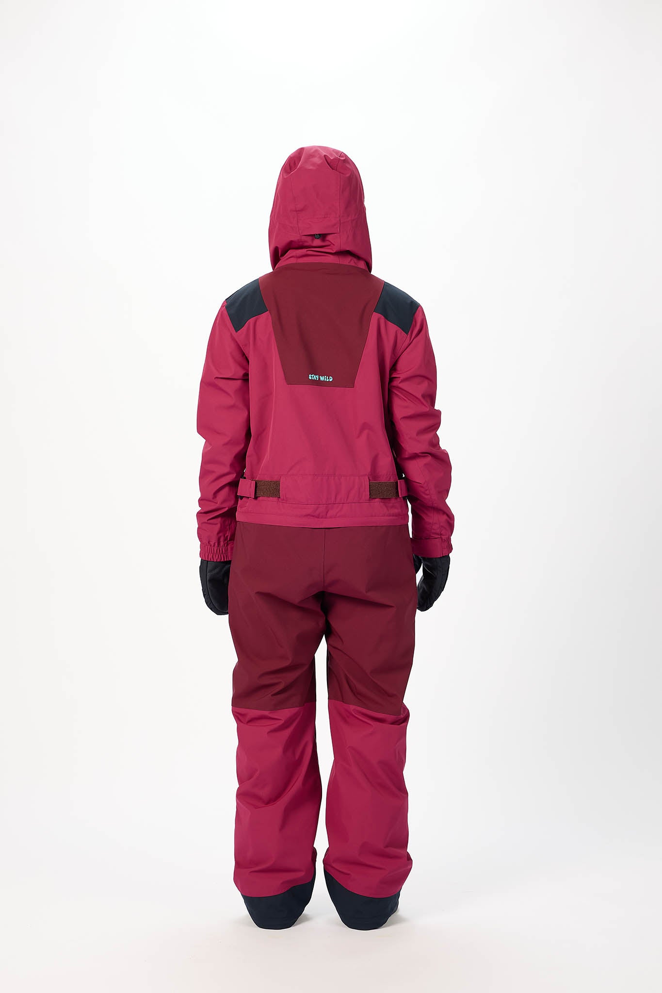 Red snowsuit with black accents on a white background