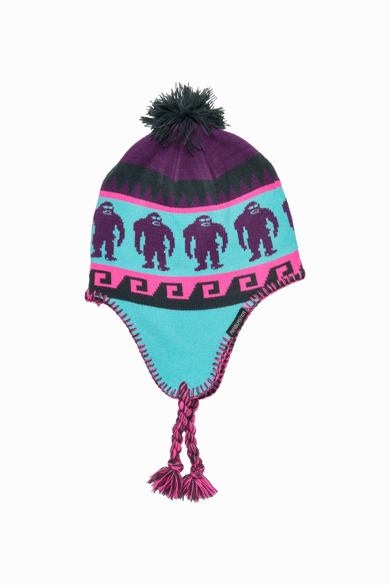 A knit winter hat with ear flaps and a pom-pom, featuring a purple top section, a turquoise band with purple gorilla silhouettes and a black Greek key pattern, and a turquoise lower section with purple braided ties.