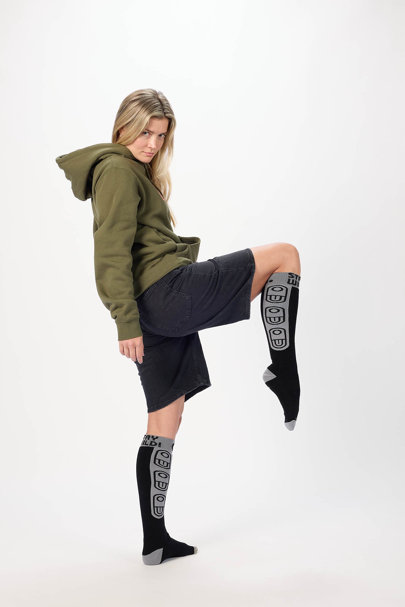 model showing off branded socks