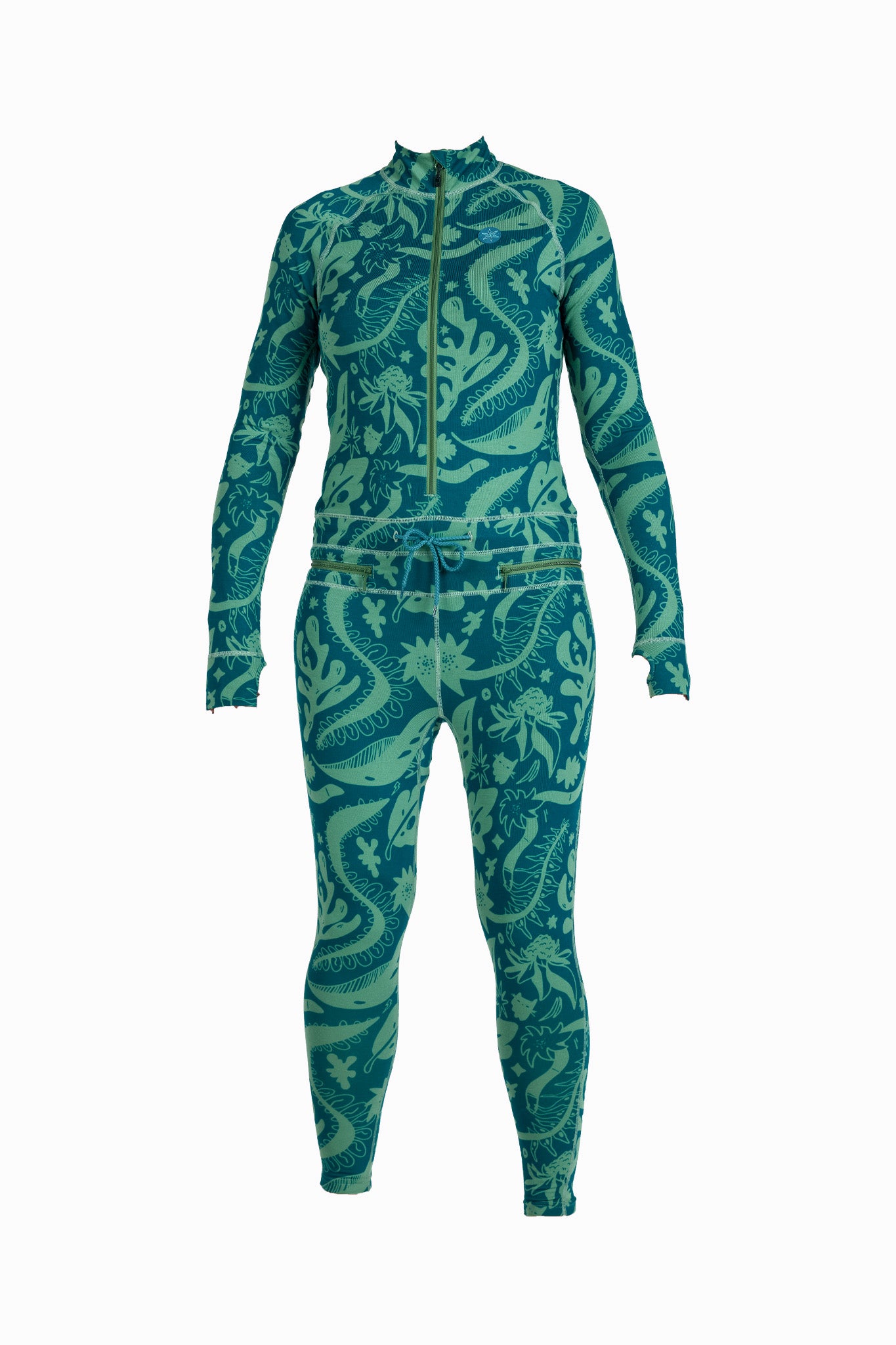 A full-body one-piece tracksuit with a long zipper, long sleeves, and full-length legs, featuring an all-over abstract green and teal pattern on a white background.