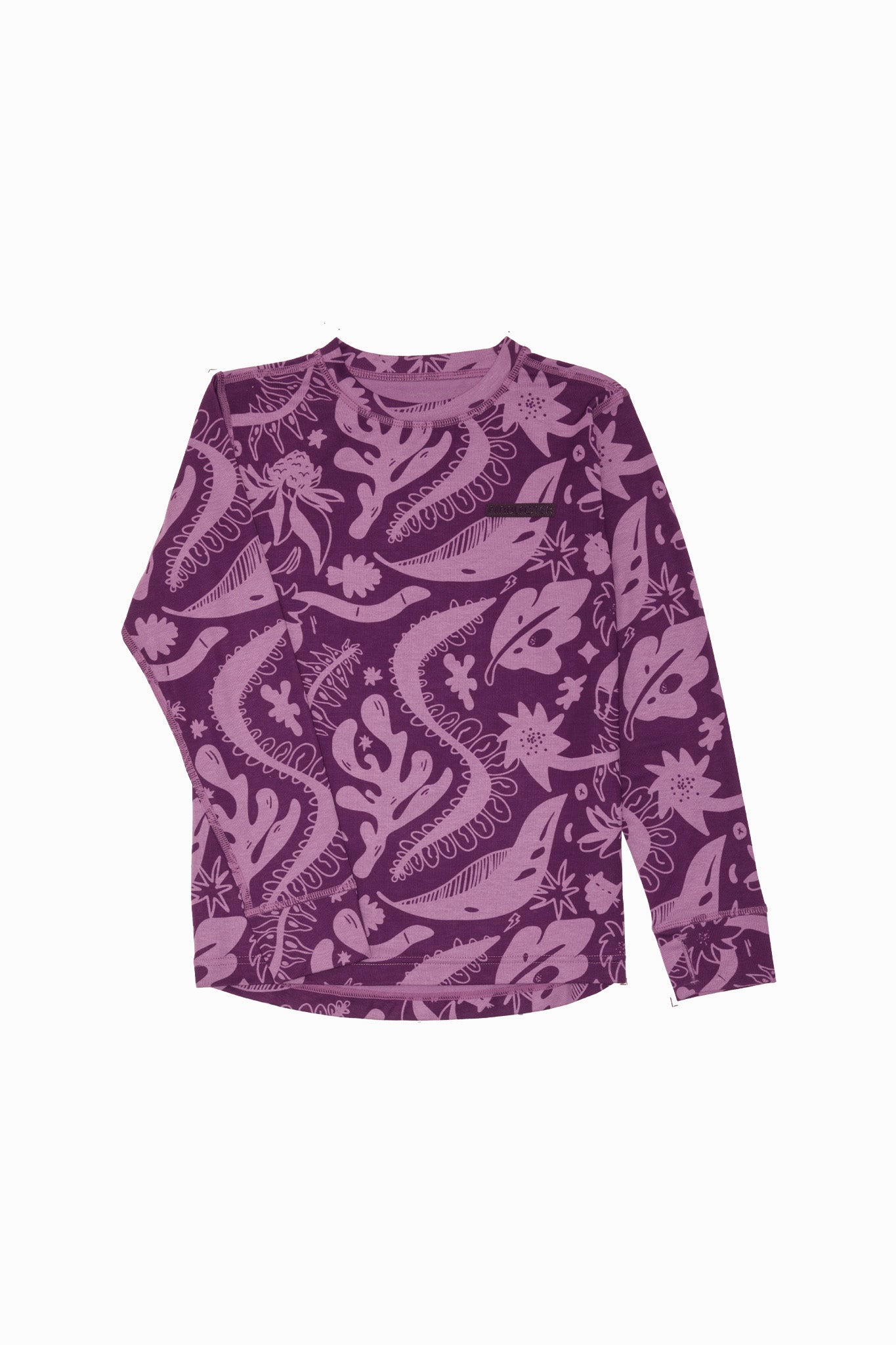 A long-sleeve crewneck shirt in purple with a white line-art print of sea creatures and coral, displayed flat against a white background.