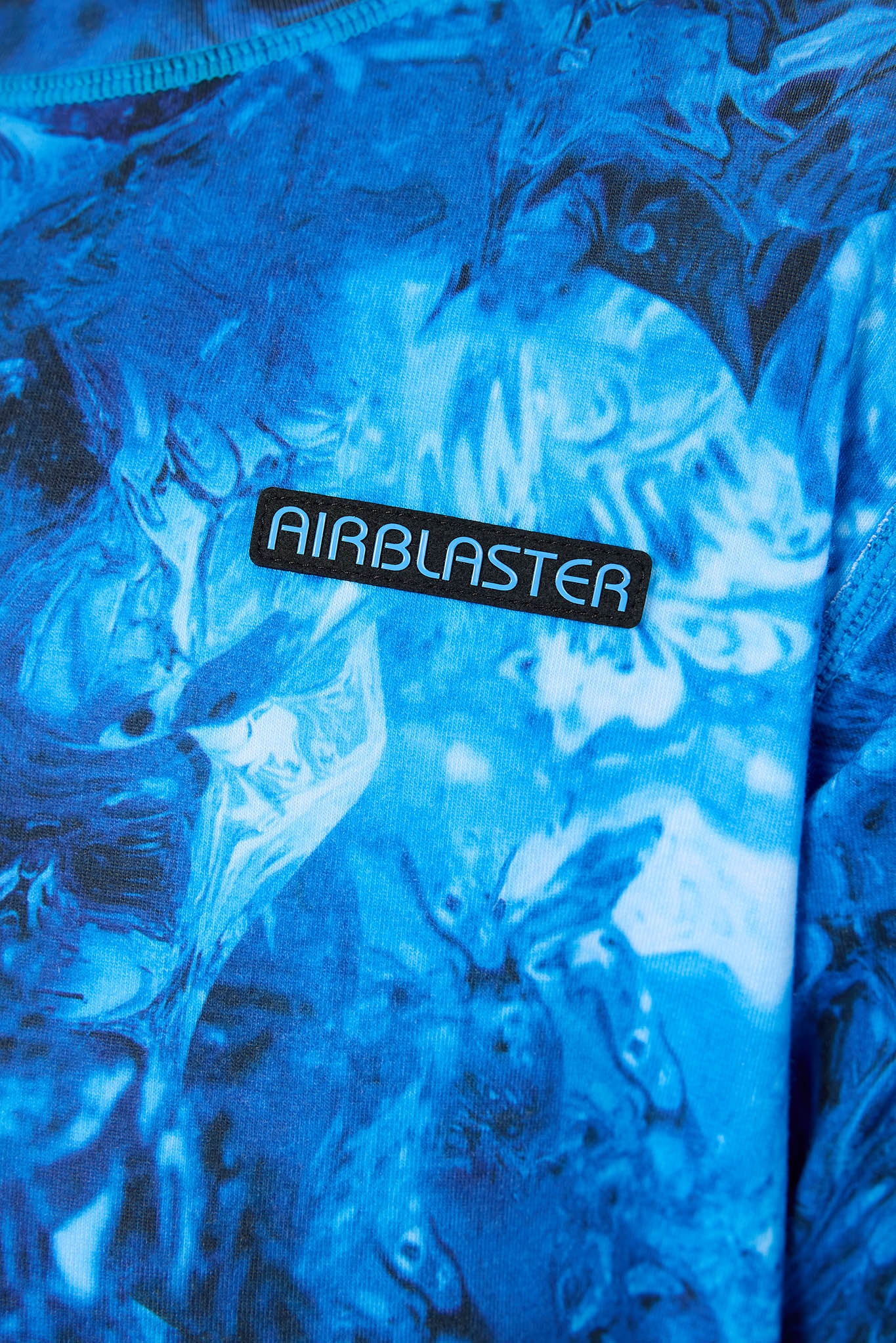 Close details of blue pattern and logo
